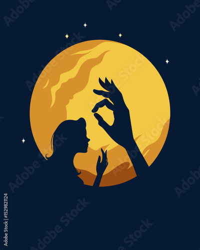 Delicate fingers create shadow puppets against a glowing moon telling a story of love and heartbreak.. Vector illustration