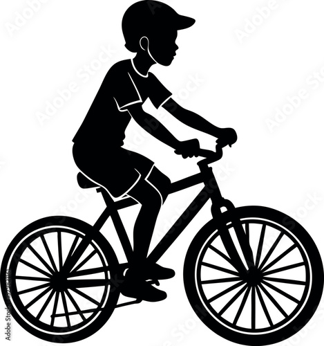 Silhouette of boy riding bicycle on white background