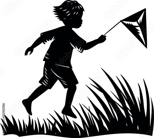 Silhouette of boy running with kite in field on white background