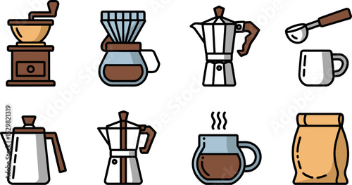 Coffee brewing methods and equipment vector illustration for cafe shop or coffee house design 100 editable stock vector illustration