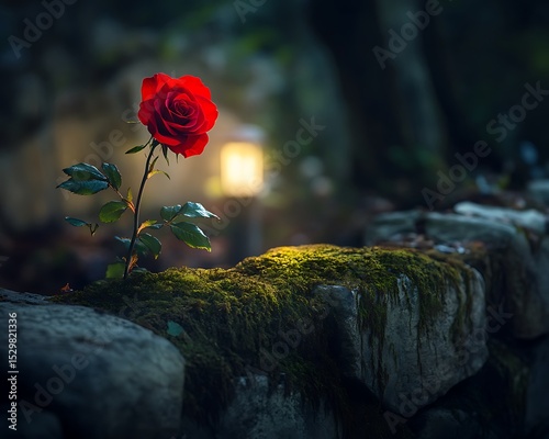 A single red rose growing on a moss-covered stone wall with soft lighting