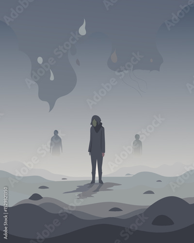 A thick fog swirls around the person obscuring their memories and causing disorientation.. Vector illustration