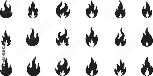 Abstract fiery icon set of burning hot flame symbols with orange and red danger light for energy illustration