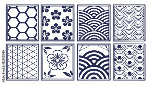 Decorative japanese style patterns in navy blue with transparency for design projects