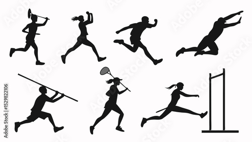 Silhouettes of various athletes performing sports with transparent background