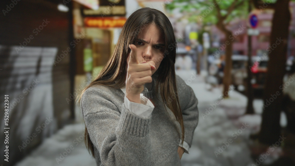 Fototapeta premium Woman standing on a bustling city street, expressing disapproval with hands on hips and pointing finger, showcasing her youthful and confident demeanor amidst an urban setting.
