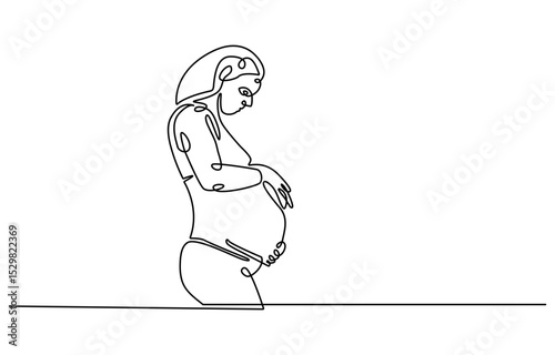 Continuous line drawing of a pregnant woman. One line drawing of a pregnant woman. Pregnant belly. Minimalist contour illustration of a happy mother.