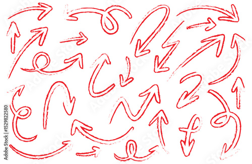 Artistic vector collection of messy scribbled arrows with twists, loops, and curved outlines, ideal for design projects and visual storytelling.