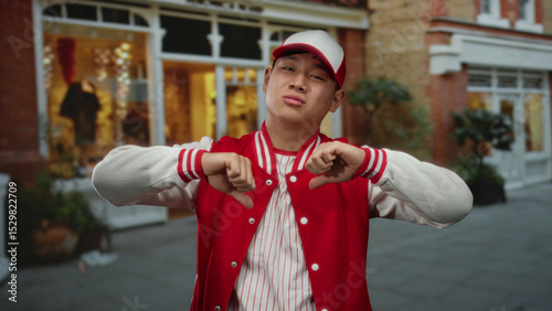 Young man in red baseball uniform stands outdoors in a city street expressing disapproval with a thumbs-down gesture.