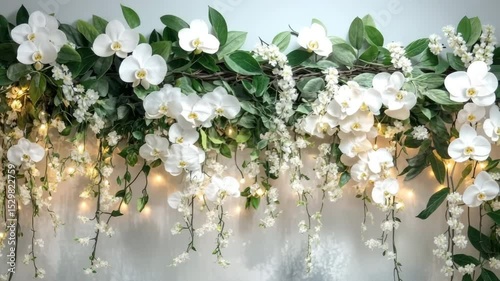 White flowers and string lights on a wall