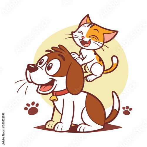 Cheerful Cartoon Vector of a Cat Grooming a Dog with Paw Prints on a Light Yellow Background