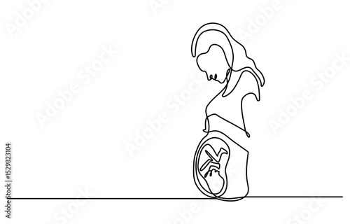 Continuous line drawing of a pregnant woman. One line drawing of a pregnant woman. Pregnant belly. Minimalist contour illustration of a happy mother.