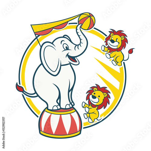 Circus Vector Illustration of an Elephant Balancing with Lions on a Yellow and White Background photo