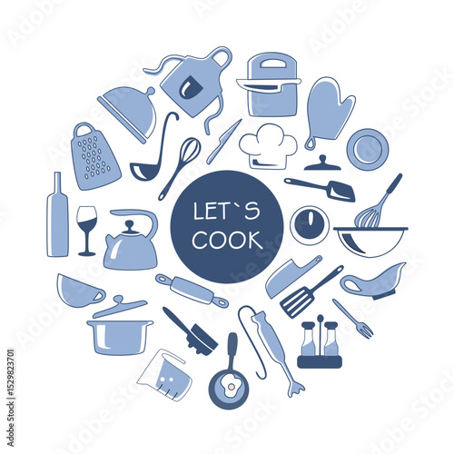 Let`s cook in a circle. Background. Kitchen utensils in a round shape. Dishes and other kitchen-related items on a white background. Can be used for decoration, design, packaging, menus. Vector icons