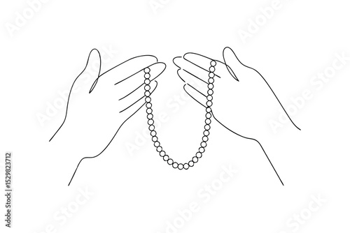 Hands holding a string of pearls line drawing illustration