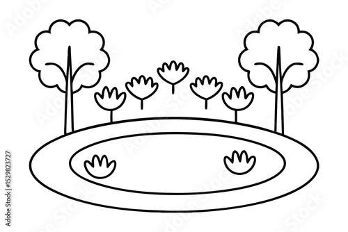 Simple line drawing of pond scene with trees and flowers