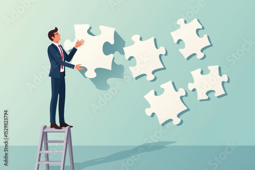 Image: Businessman Building Company Hierarchy Structure on a Ladder with Giant Puzzle Pieces