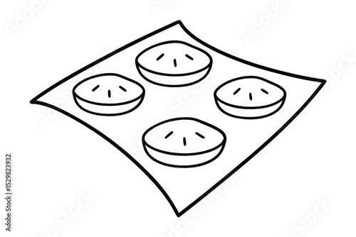 Four slices of fruit on a tray line drawing illustration