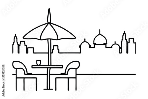 Cityscape line drawing cafe outdoor seating umbrella