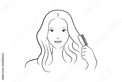 Woman brushing her long wavy hair line drawing illustration