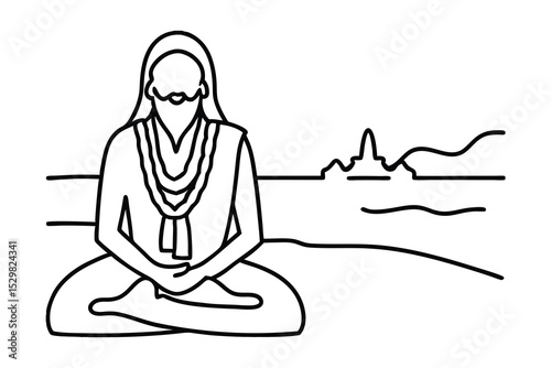 Line drawing of a yogi meditating by a river