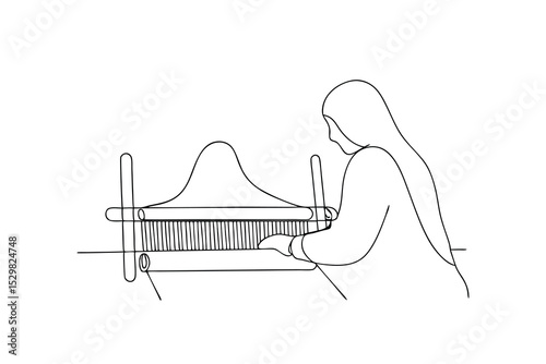 Woman weaving at a loom line drawing illustration