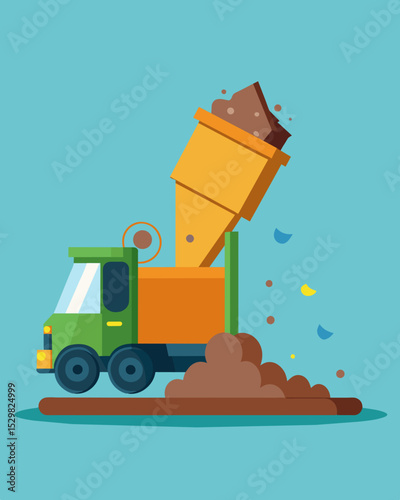 A compactor roller rolls over newly deposited waste firmly packing it down and creating more space for additional garbage.. Vector illustration