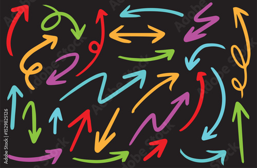 Set of artistic sketch arrows with freestyle curves, loops, and twists for creative design, perfect for flowcharts, notes, and infographics.