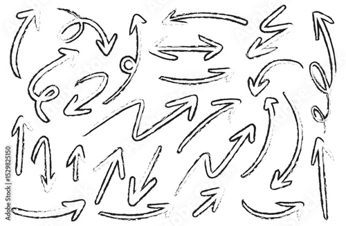 Expressive hand drawn arrow set in sketchy red and black styles, featuring freestyle swirls, bold curves, and dynamic directional brush lines.