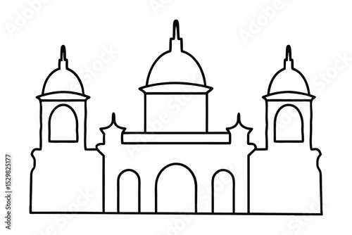 Line drawing of a grand classical building with domes
