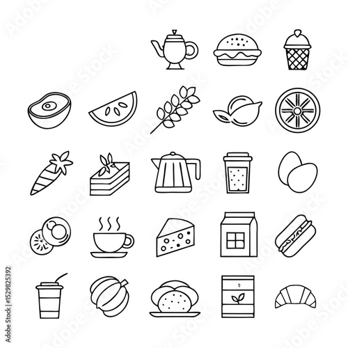 Breakfast and Morning Food Line Icons – Outline Vector Set of Dishes, Drinks, and Morning Meal Items in Linear Style