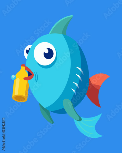 A cartoon depicting a fish being caught with a plastic bottle cap in its mouth.. Vector illustration