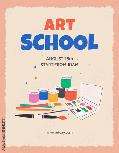 Vertical banner template, cover for art schools, studios, drawing courses, and workshops. Art supplies for creativity: pencils, paints, brushes, watercolors. Flat vector illustration.