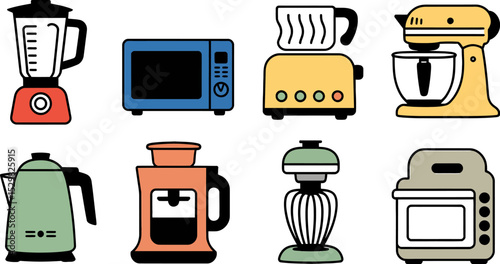 Kitchen appliances vector set blender microwave toaster mixer kettle coffee maker oven whisk illustration editable stock vector illustration