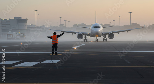 Airplane Taxiing on Runway in Foggy Conditions Ground Crew Guidance