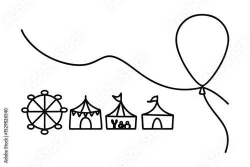 Funfair line drawing with ferris wheel and balloon