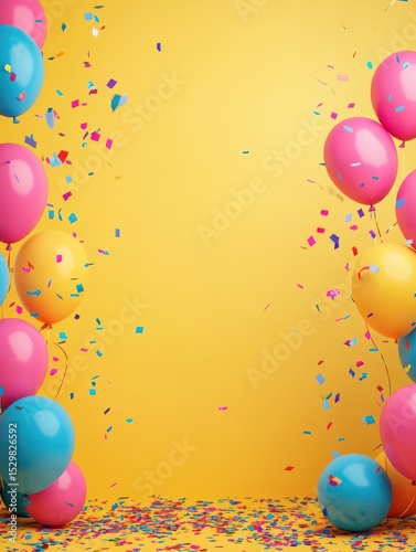 Birthday party empty room concept mockup with a blank space for text and framed by colorful balloons and confetti for adding promotional messages or event invitations, bright yellow wall on backgroun
