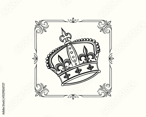 royal_crown, ornate_frame, simple_monochrome, regal_shield,