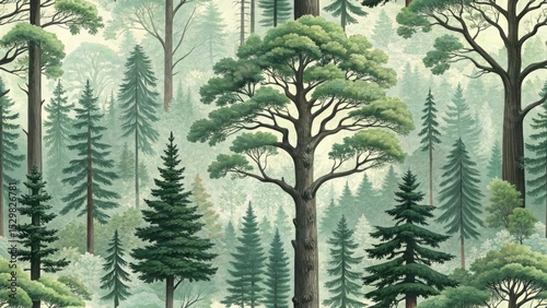 Misty green forest seamless pattern