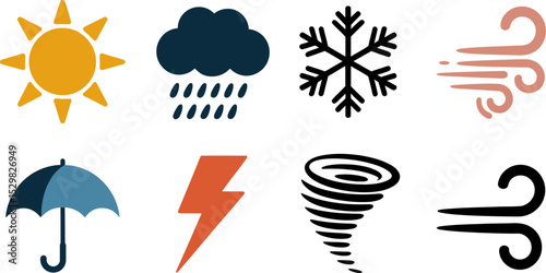 Weather forecast icons set vector illustration sun rain cloud snow wind umbrella lightning tornado editable stock vector illustration