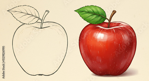 A vibrant red apple with a green leaf, contrasted with its outline drawing on a beige background