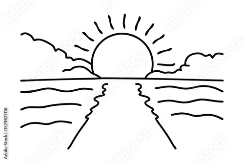 Simple line drawing ocean sunset seascape minimalist art