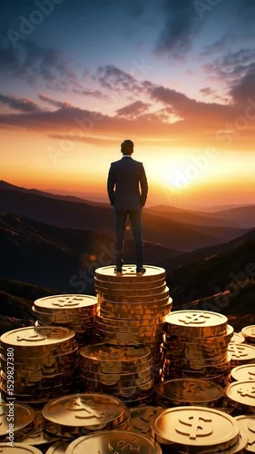 businessman above the stack of golden coin at mountain sunset