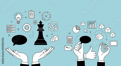 Strategic Vision: An artistic representation of business strategy, featuring a chess piece king at the center, surrounded by hands holding icons of ideas, analysis, and communication.