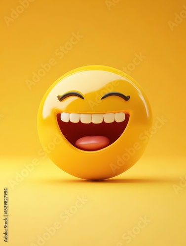 A laughing face emoji ball on a yellow background with copy space. Representing positive emotions like joy, happiness, or laughter.