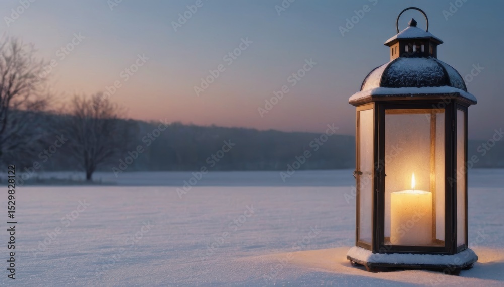 Lantern with candle glowing softly in the snow-covered landscape at dusk, surrounded by trees, creating a serene winter atmosphere with warm light Lantern with candle glowing softly in the snow-covered landscape at dusk, surrounded by trees, creating a serene winter atmosphere with warm light