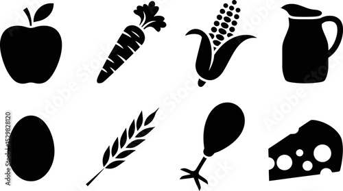 Food icons vector illustration of healthy eating apple carrot corn milk egg wheat chicken and cheese editable stock vector illustration