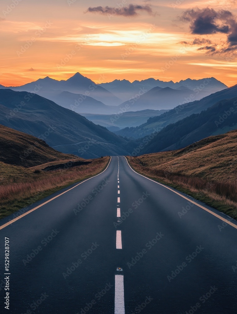 Fototapeta premium Lake District Panorama Photo with Road stretching out into the Distance. Beautiful Mountain Scene at Sunset.