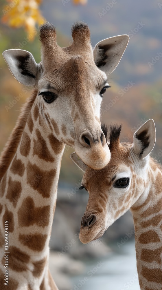 Obraz premium A mother giraffe lovingly kisses her baby on the forehead, showcasing their bond during a serene moment in nature