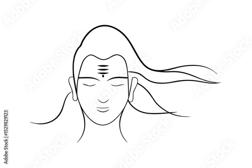 Serene line drawing of a hindu yogi with flowing hair